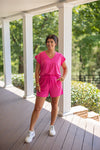 pink elastic waist modest length shorts