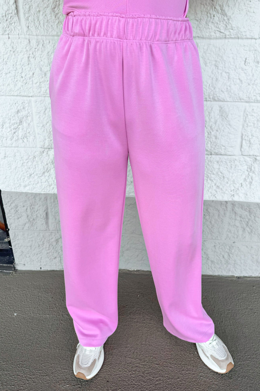 solid pink elastic waistband wide leg luxe knit loungewear pants