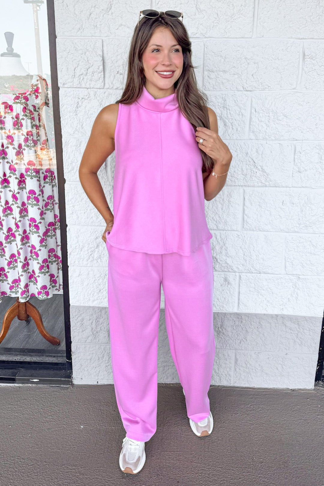 solid pink elastic waist wide leg luxe knit loungewear pants