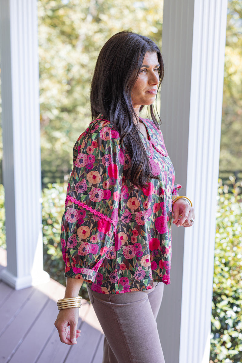 pink brown fall floral dressy top