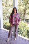 pink brown fall floral dressy top