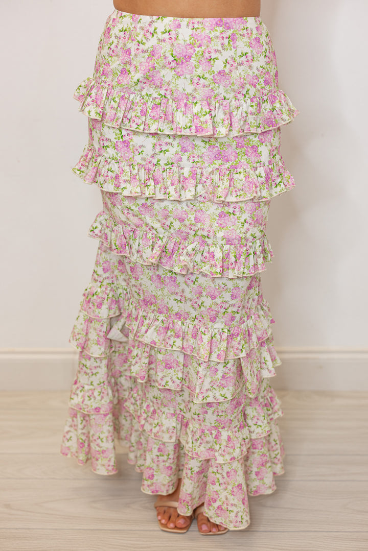 pink green floral ruffle fitted maxi skirt set