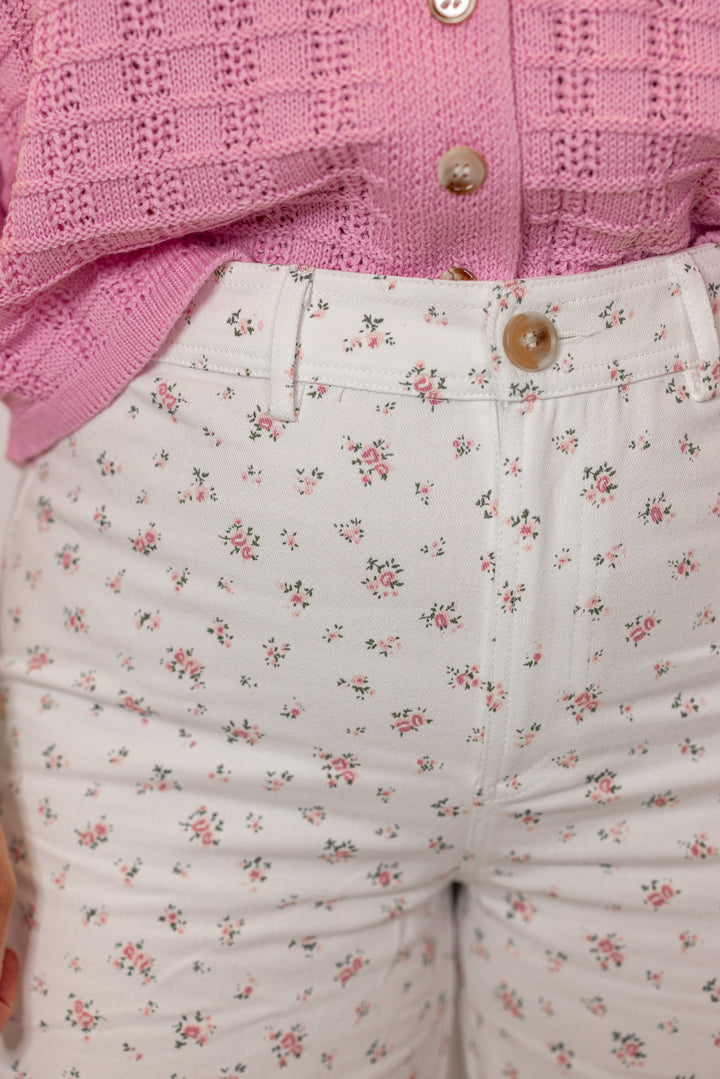 ivory cotton denim pants with pink floral print