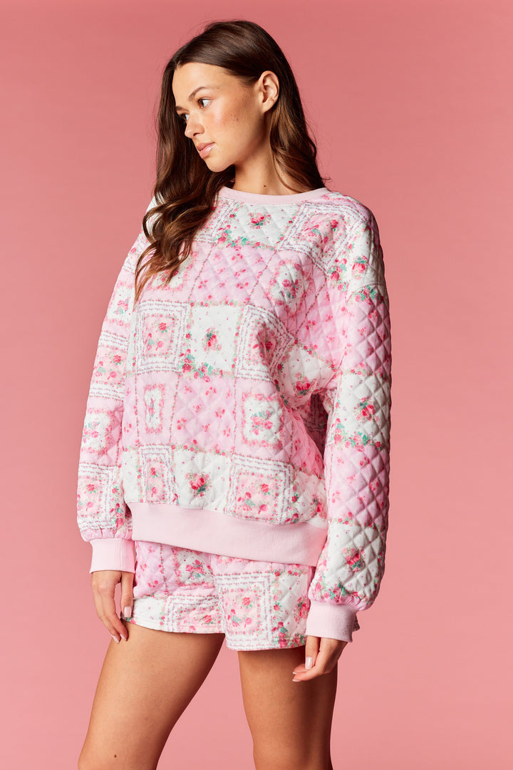 patchwork floral print quilted shorts set pockets