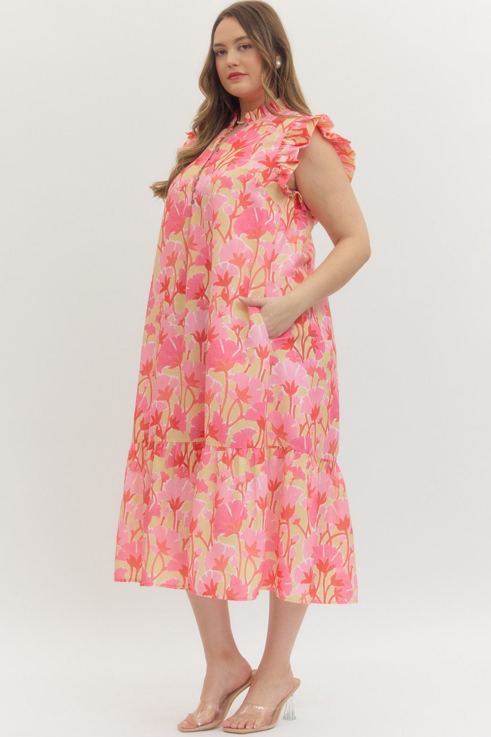 Entro pink and multicolor floral print midi dress with ruffle capped sleeves in plus showing side silhouette