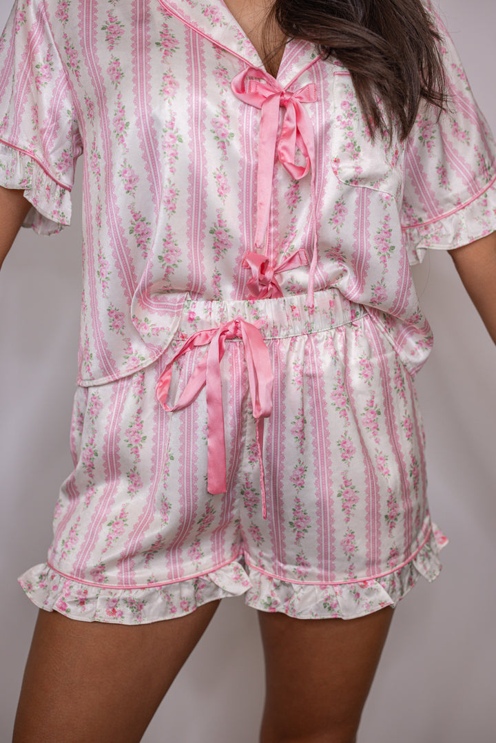 pink floral satin pajama shorts set