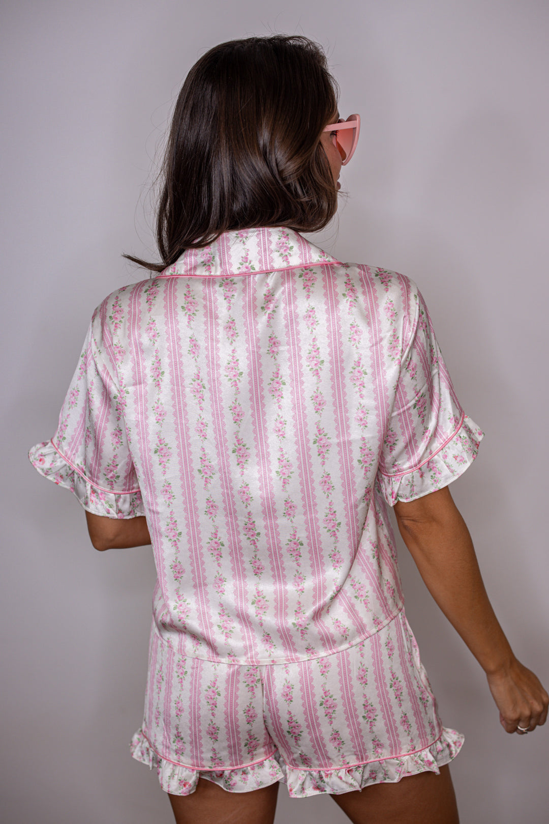 pink floral satin pajama shorts set