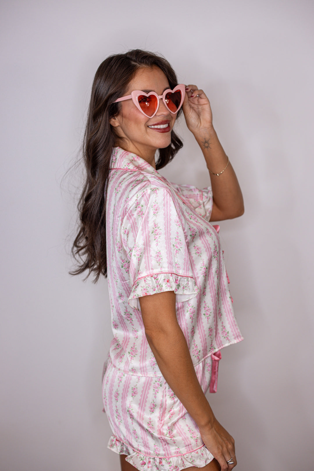 pink floral satin pajama shorts set