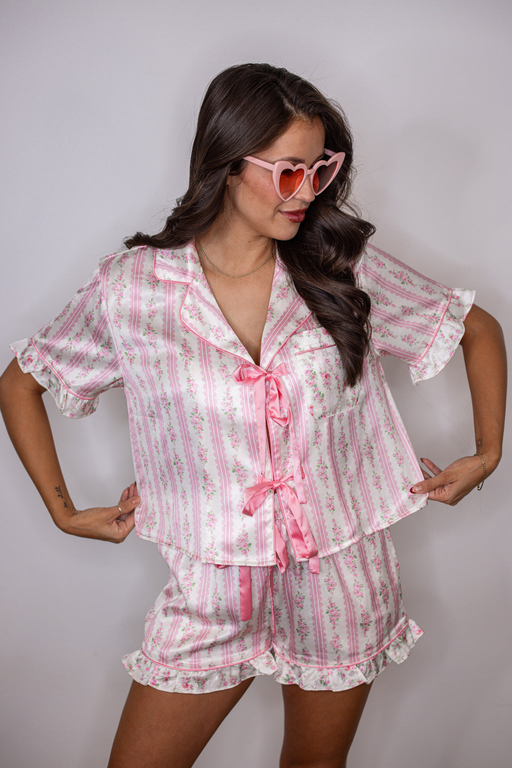 pink floral satin pajama shorts set