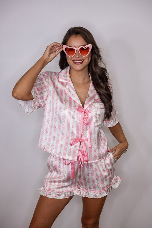 pink floral satin pajama shorts set