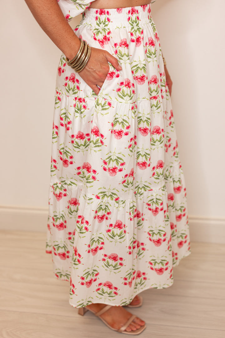 pink floral printed maxi skirt set