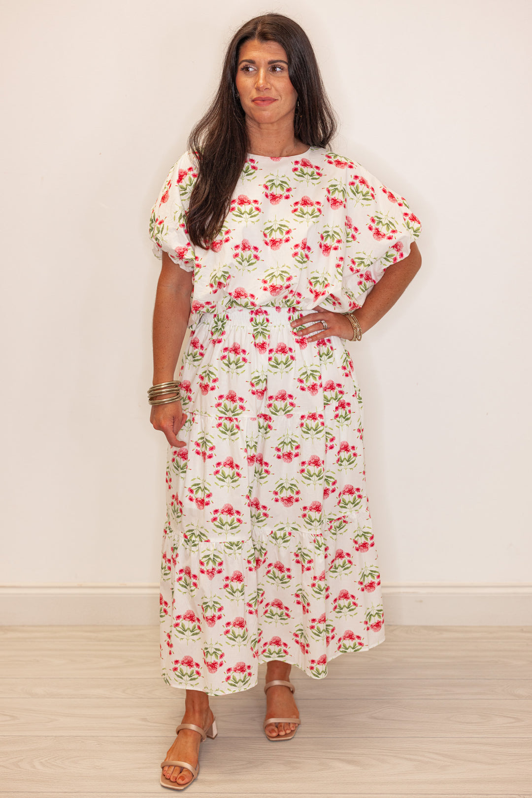 pink floral printed maxi skirt set