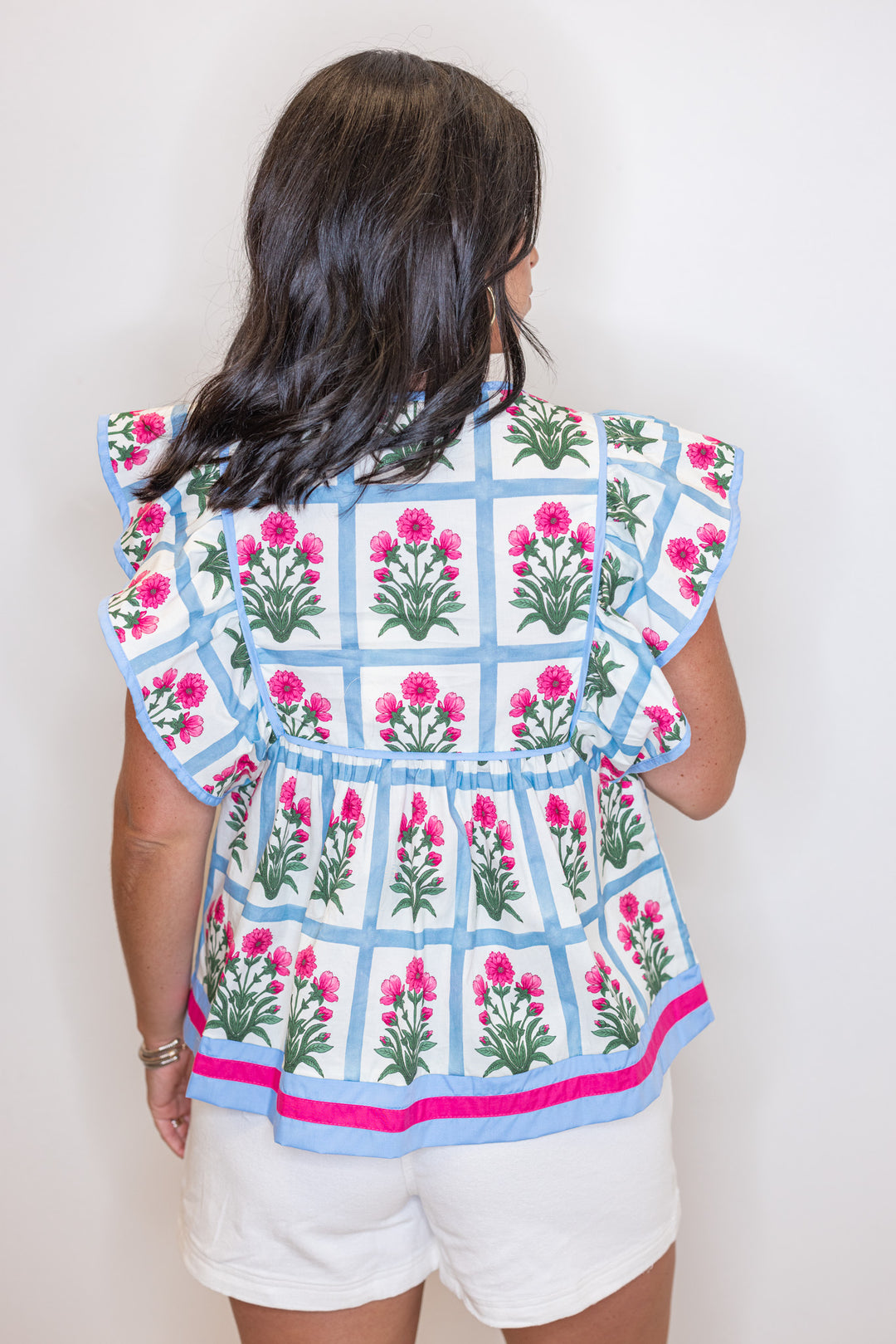 pink square printed babydoll plus size top back