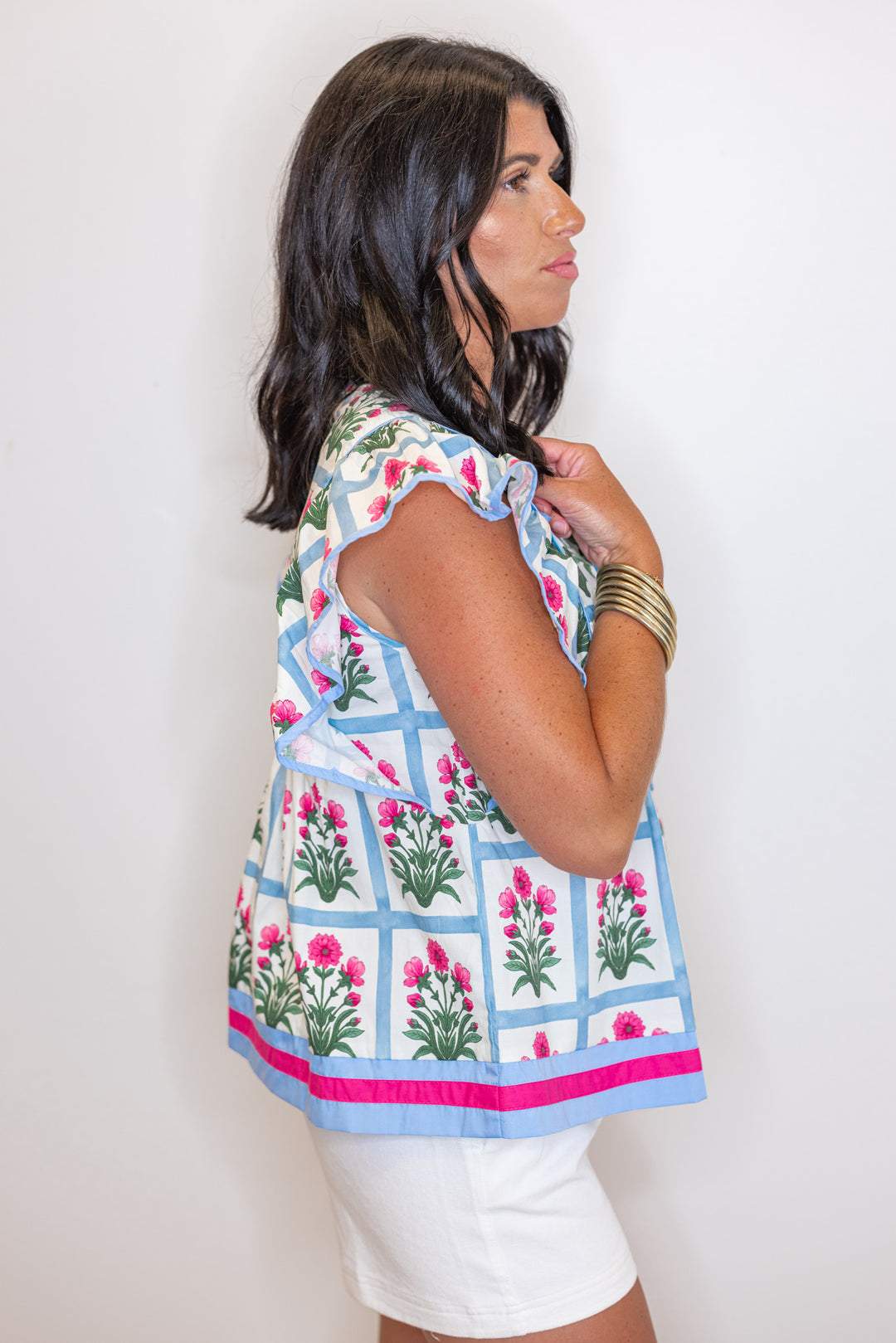 pink square printed babydoll plus size top side