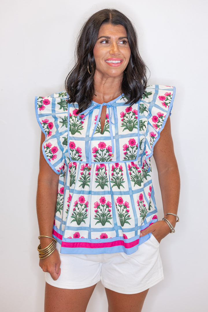 pink square printed babydoll plus size top