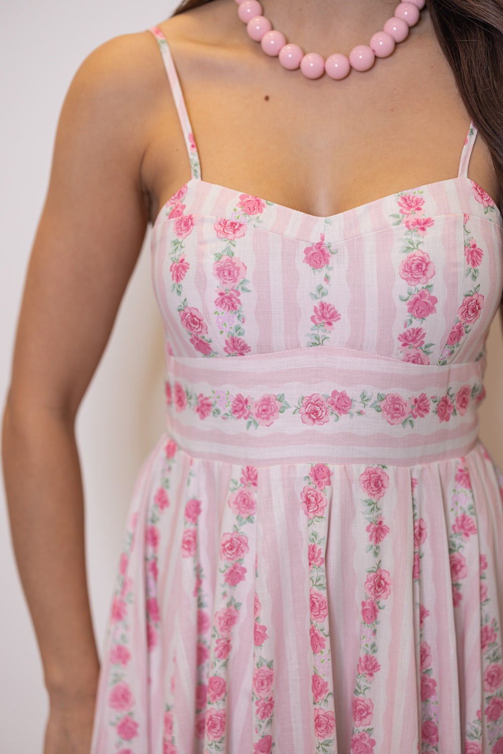 pale pink and cream striped floral print sleeveless midi dress sweetheart neckline