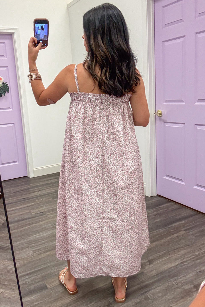 pink green and cream small floral print sleeveless lightweight midi dress