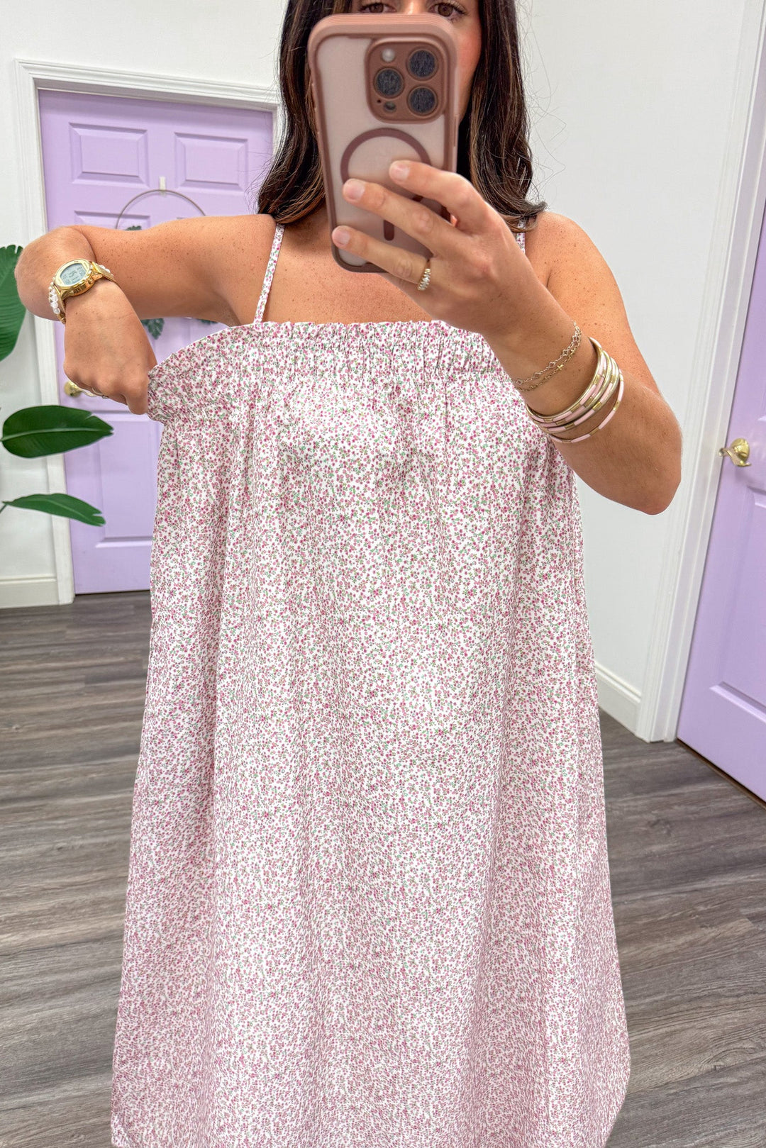 pink green and cream floral print ruffle trimmed elastic neckline midi dress