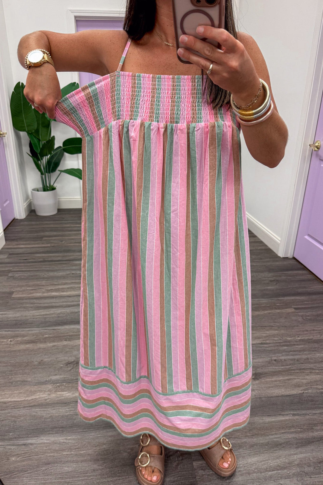 light pink sage green and tan striped sleeveless spaghetti strap square neckline cotton midi dress