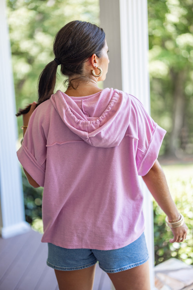 pink short sleeve hoodie top