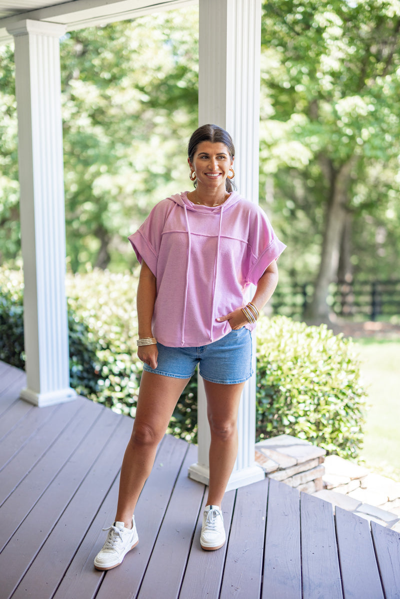 pink short sleeve hoodie top