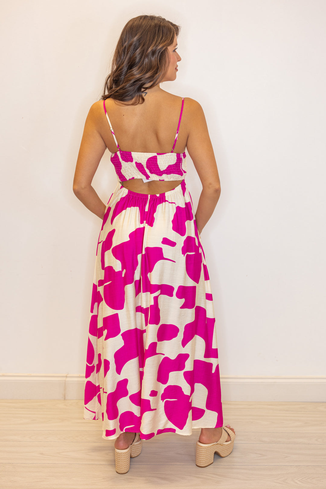 fuchsia ivory abstract printed linen midi dress 