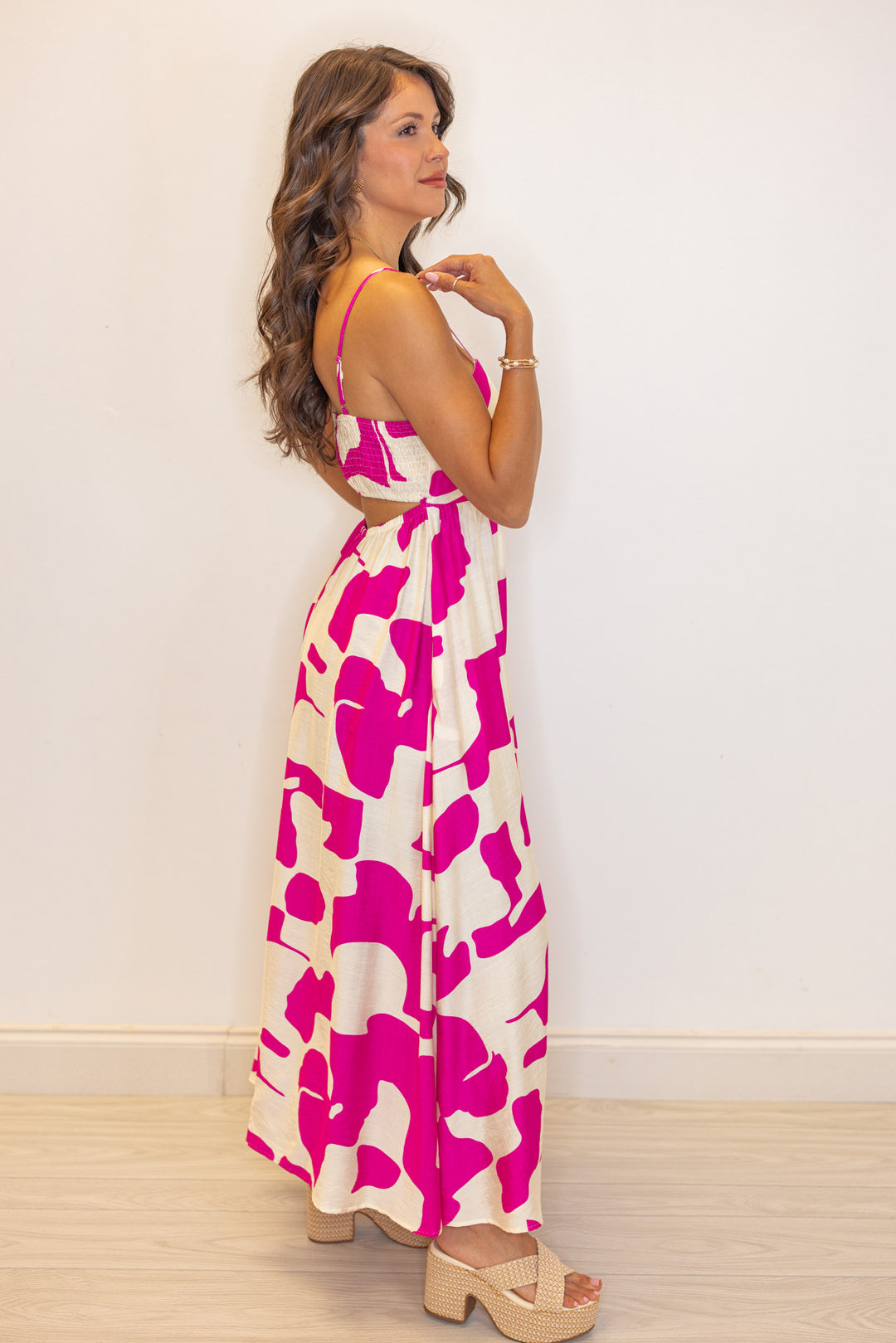 fuchsia ivory abstract printed linen midi dress 