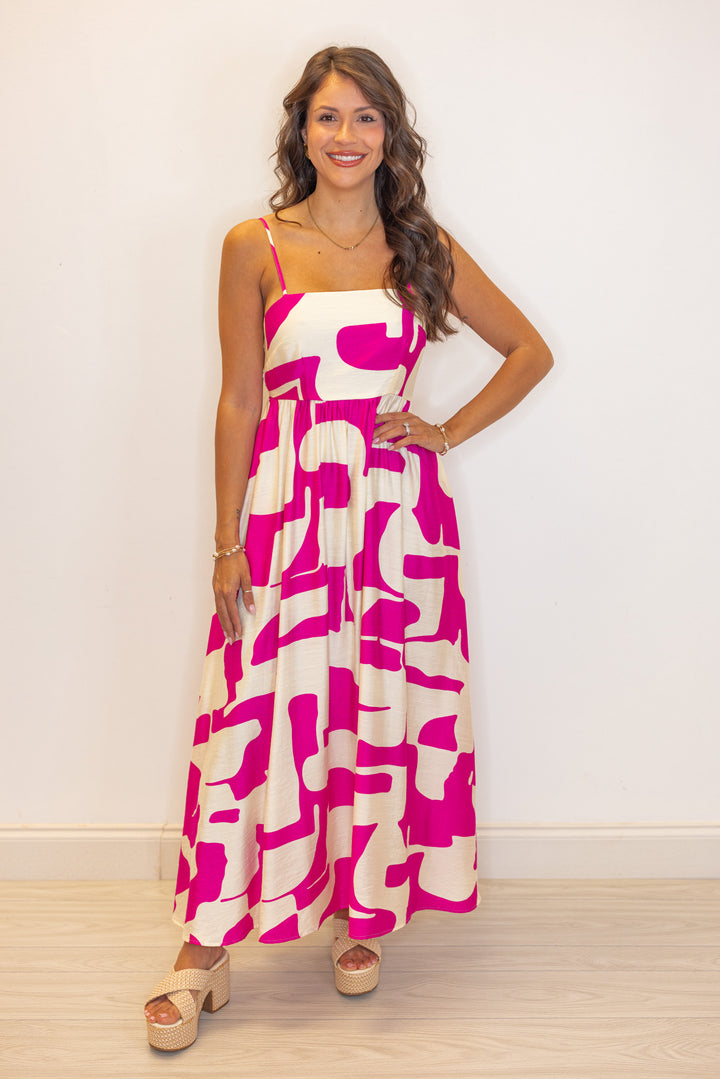 fuchsia ivory abstract printed linen midi dress 