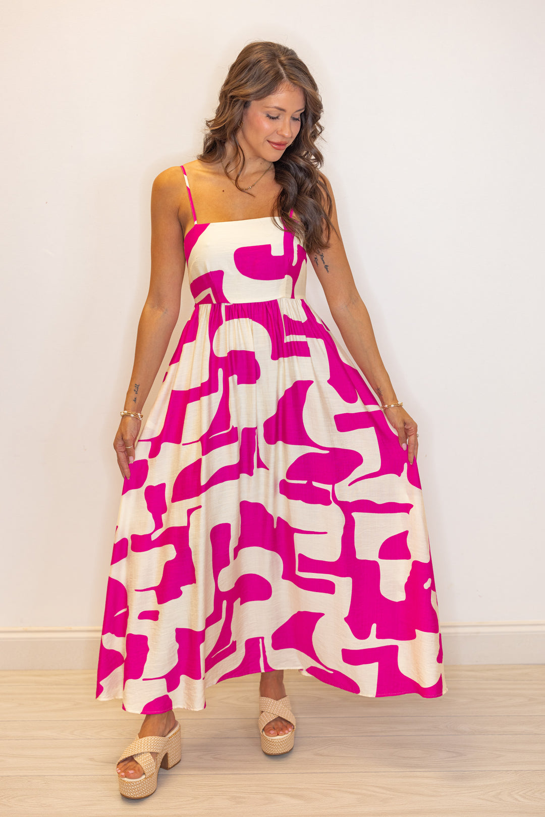 fuchsia ivory abstract printed linen midi dress 