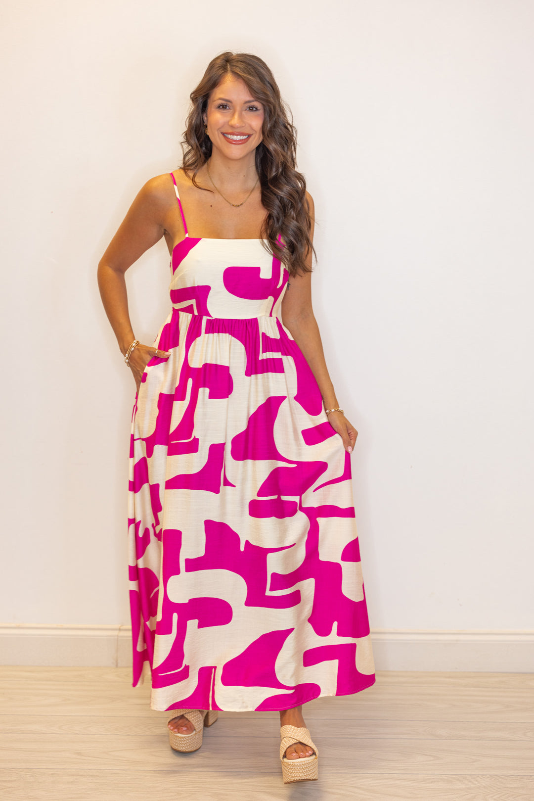 fuchsia ivory abstract printed linen midi dress 