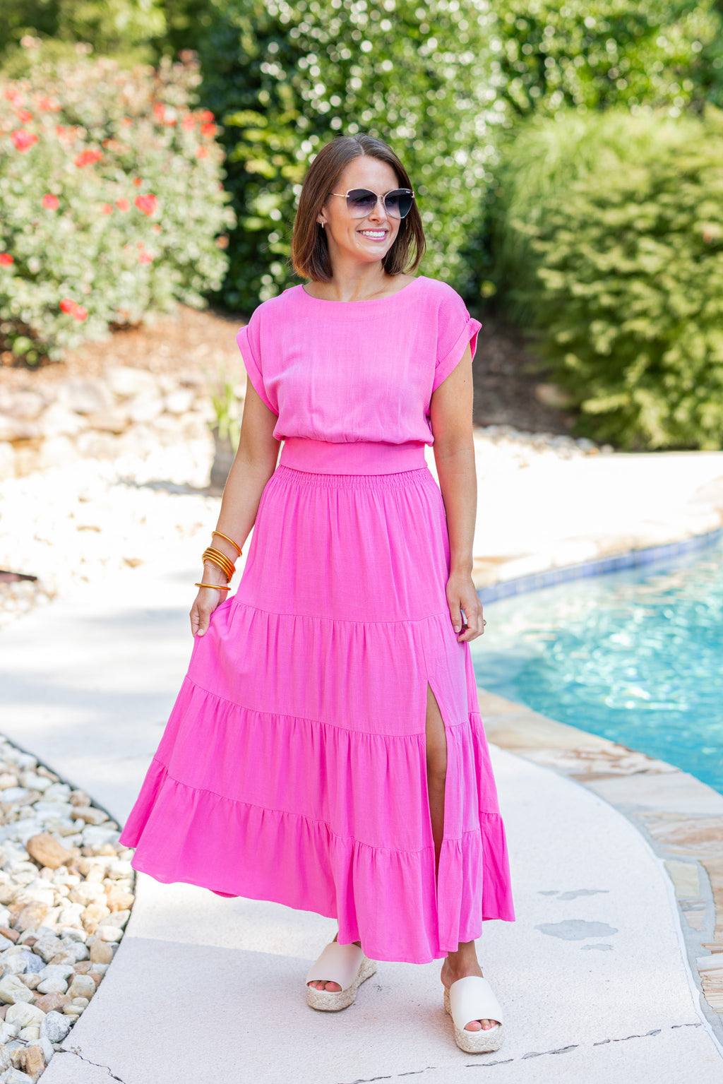 pink linen maxi skirt short sleeve top set