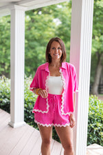 pink linen ric rac scalloped shorts set