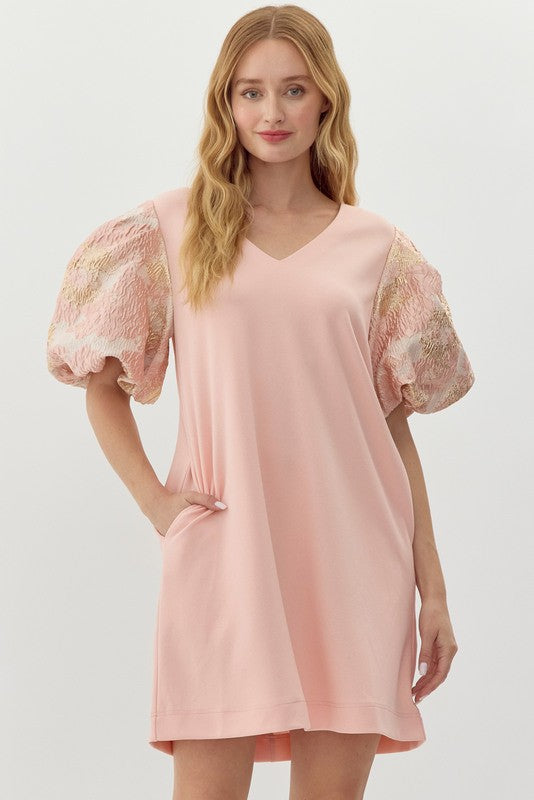 Jodifl Blush pink dress with pink, cream, and gold metallic jacquard puff sleeves