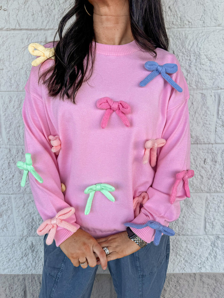 pink multicolor 3d bow detail sweater