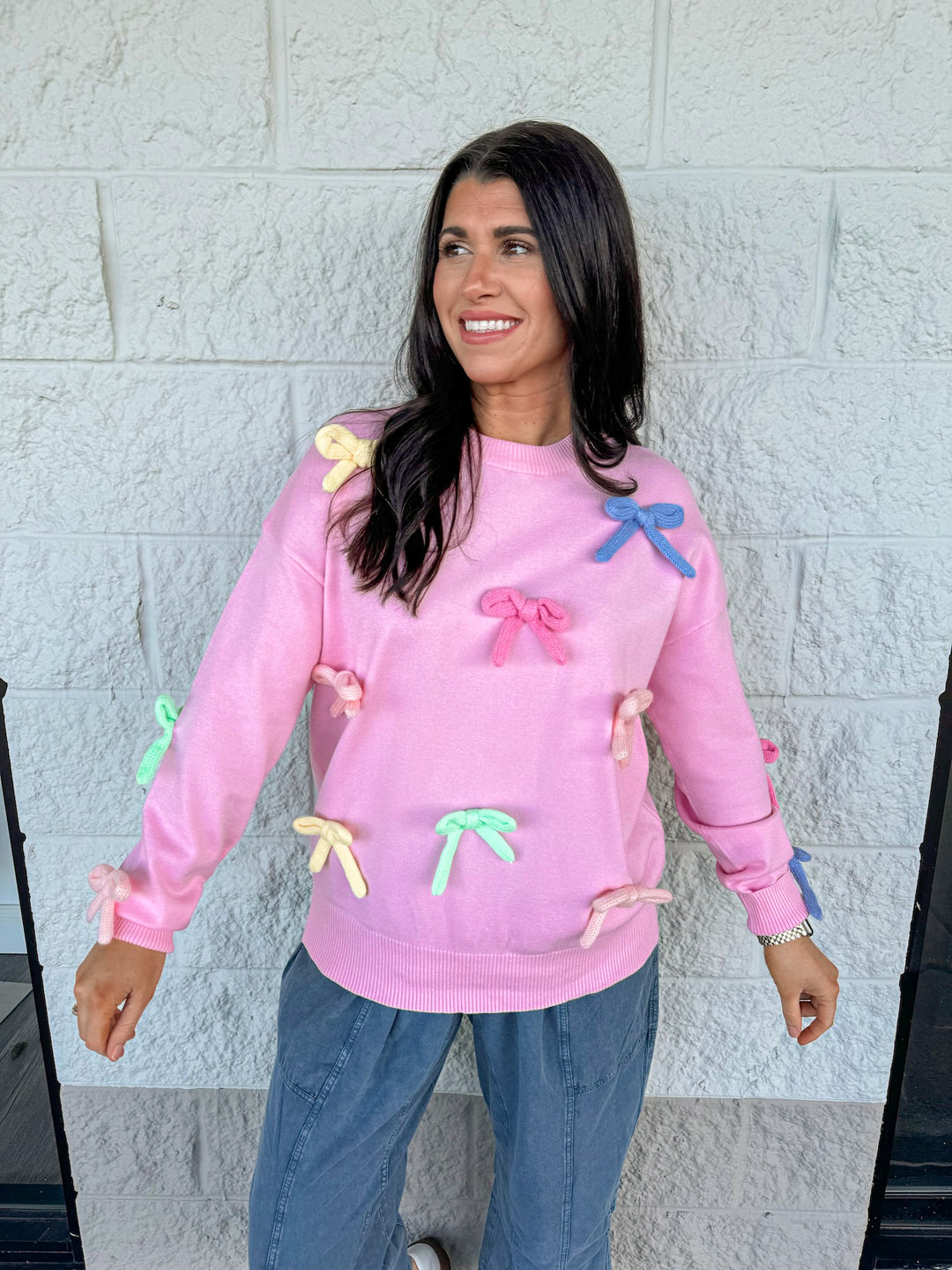 pink multicolor 3d bow detail sweater