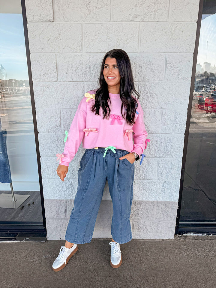 pink multicolor 3d bow detail sweater