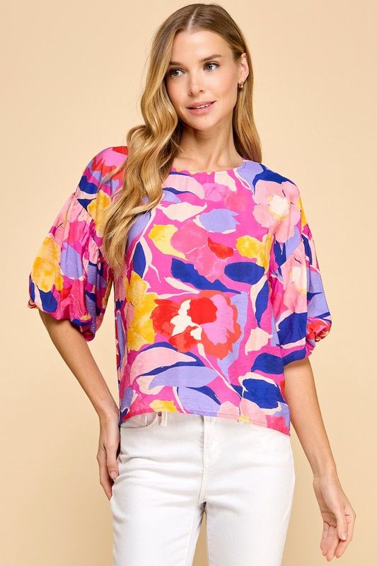 Veveret Pink multicolor large floral print top