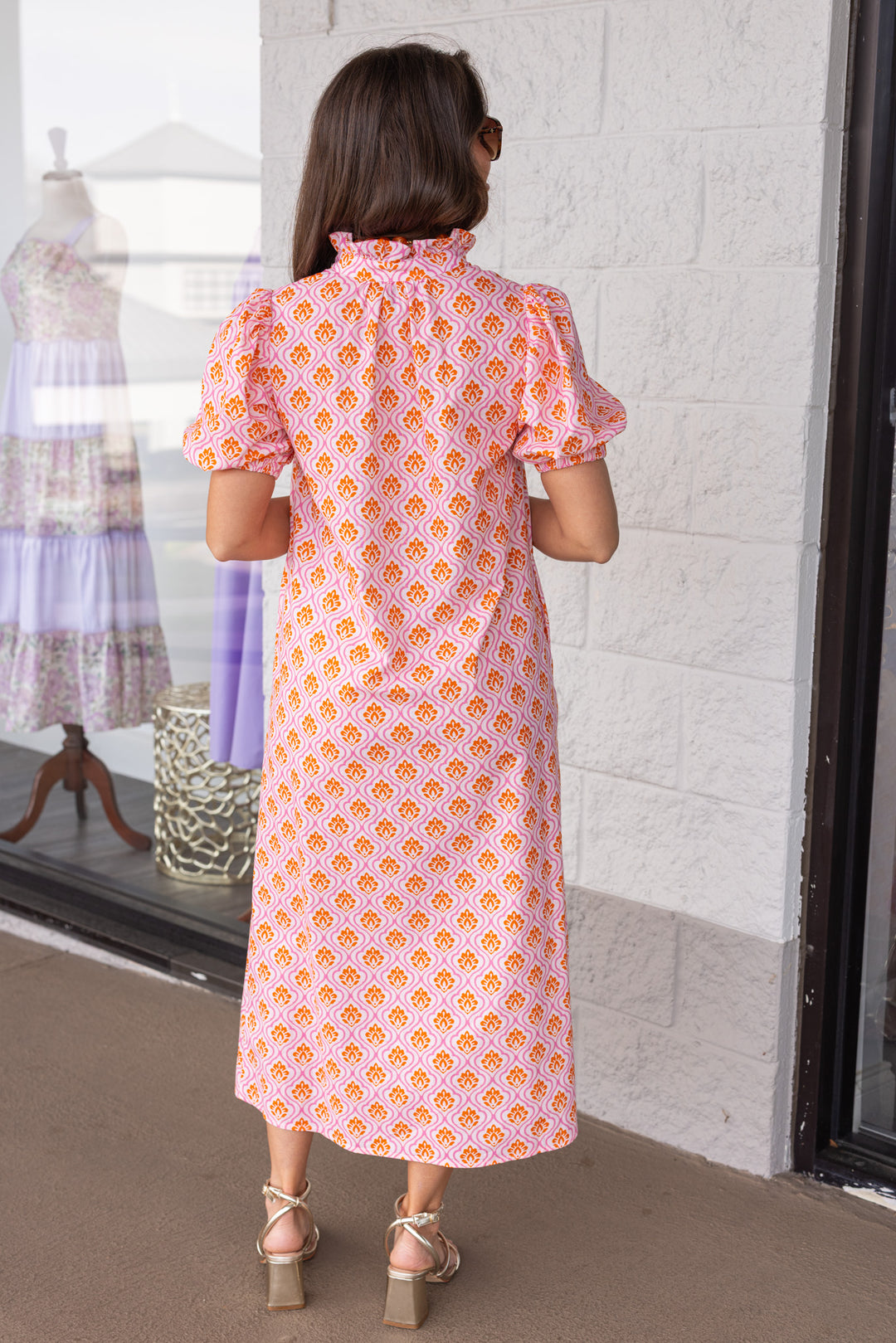 pink and orange floral print button front puff sleeve flowy midi dress