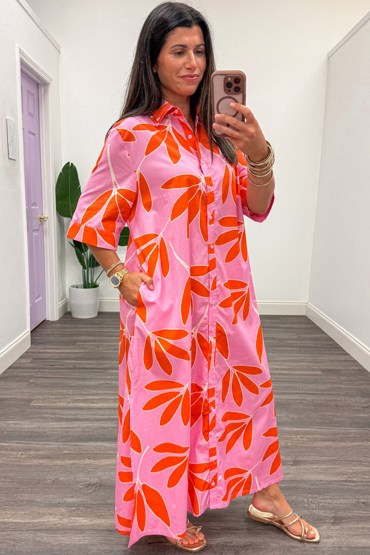 pink with orange and white palm leaf print button front short sleeve maxi dress with side pockets