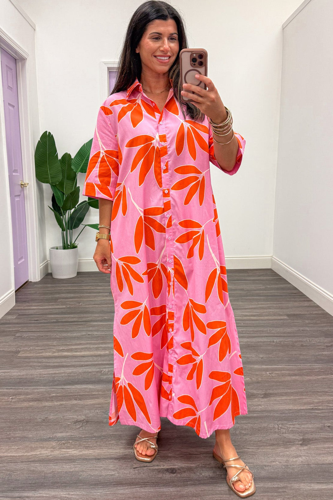 pink with orange and white palm leaf print button front short sleeve maxi dress