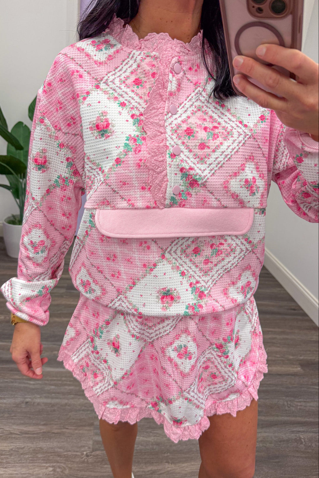 pink floral paisley thermal knit pullover top and matching skort