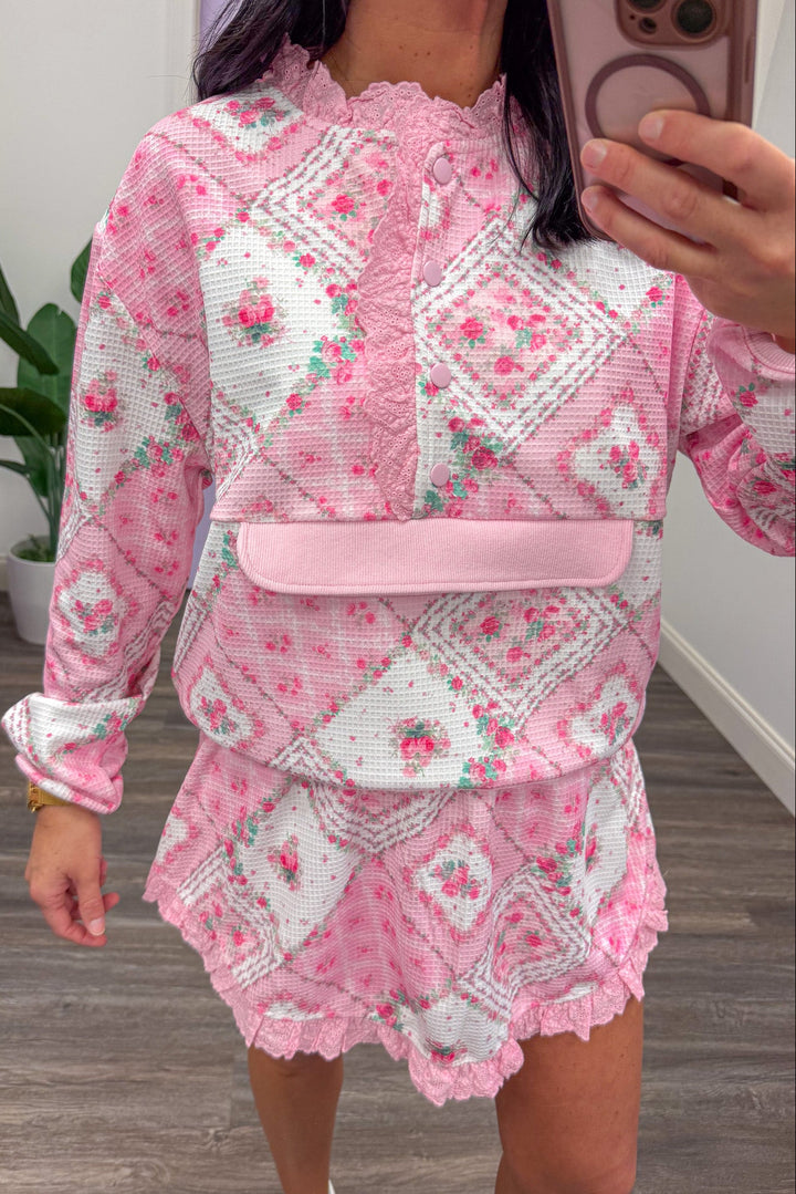 pink floral paisley thermal knit pullover top and matching skort