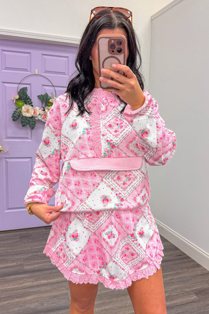 pink floral paisley thermal knit pullover top with matching skort