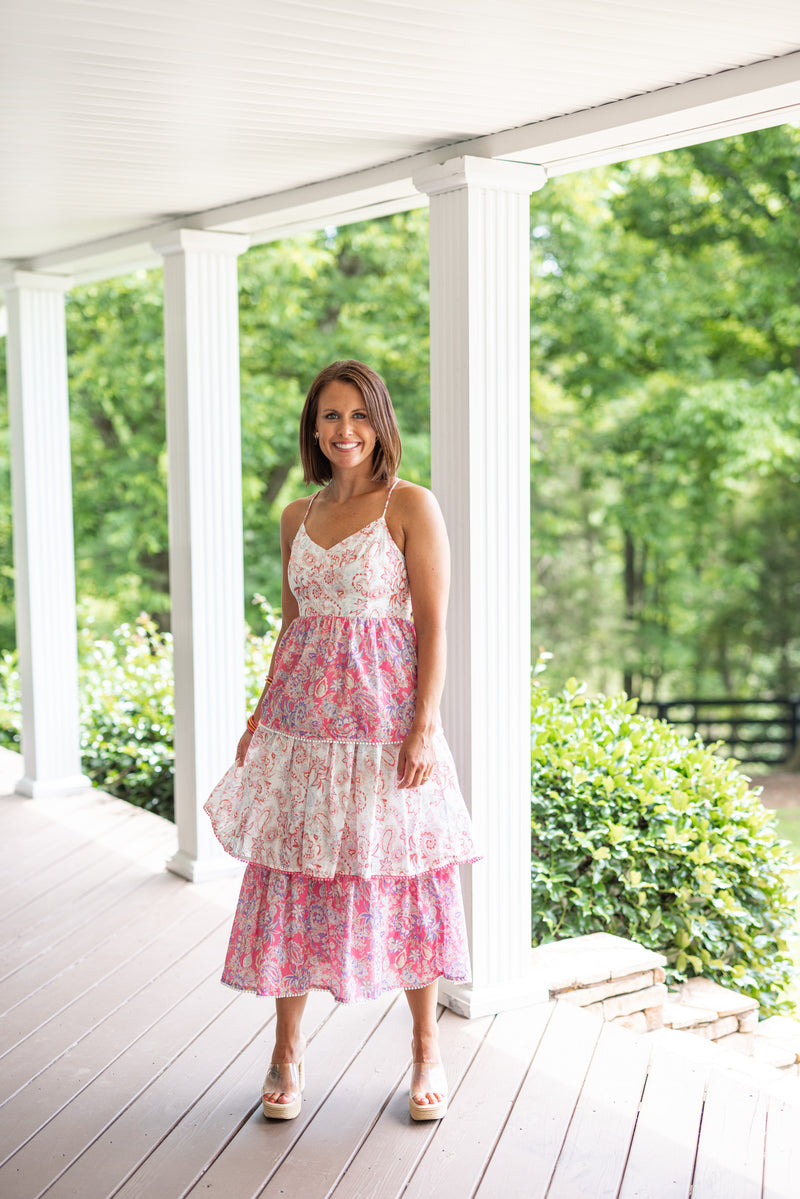 pink paisley tiered pom pom trim midi dress