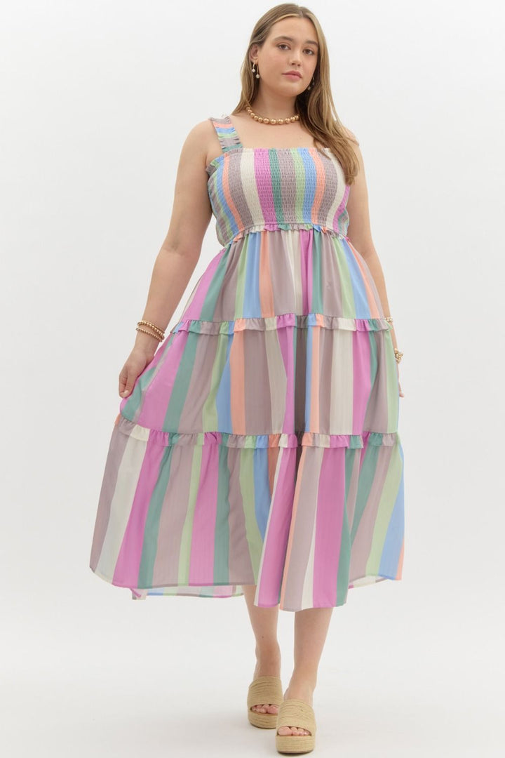 Entro Plus Pink multicolor pastel striped sleeveless ruffle tiered midi dress