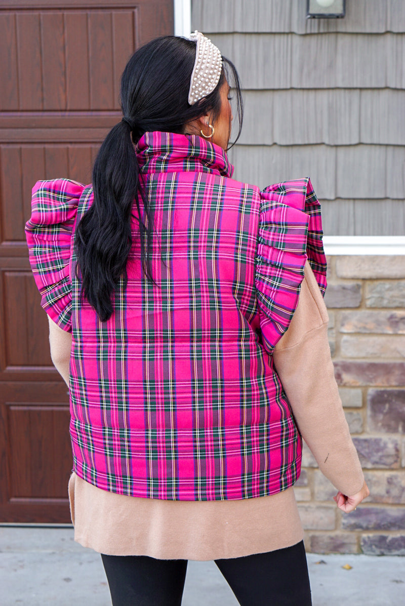 pink plaid puffer vest