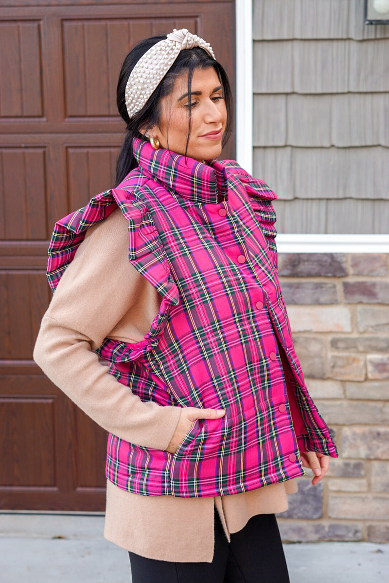 pink plaid puffer vest