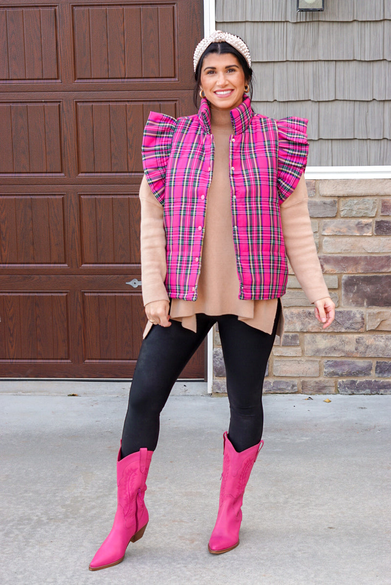 pink plaid puffer vest