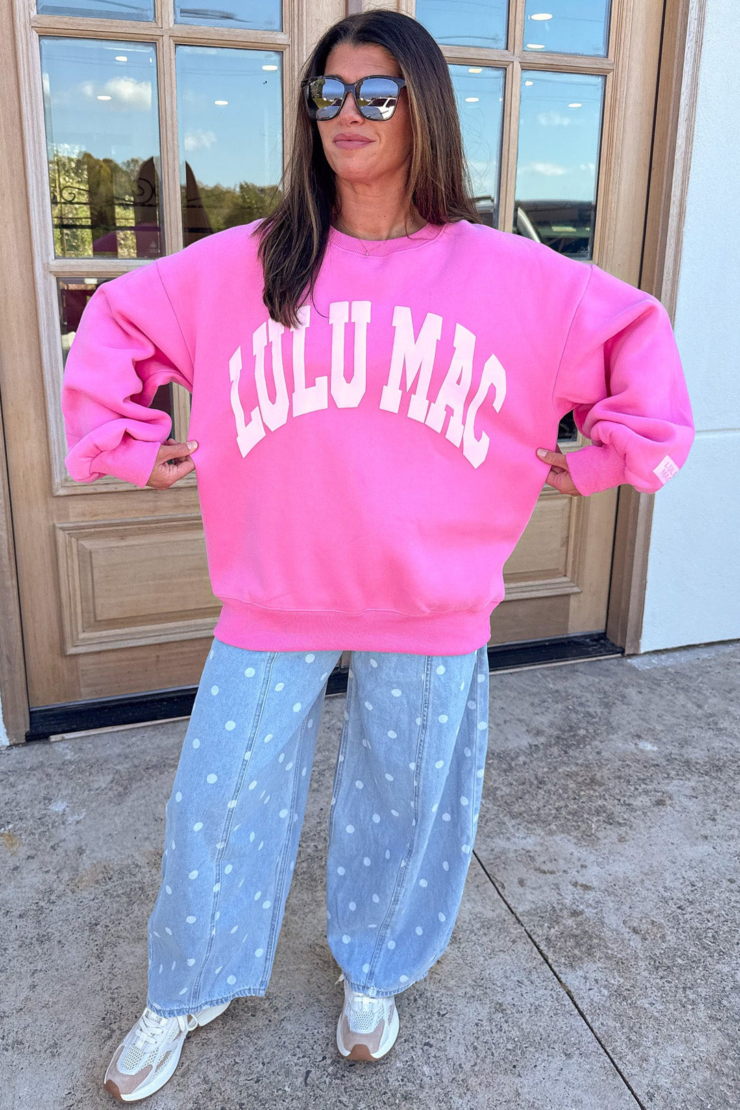 pink with light pink puff letter lulu mac long sleeve crew neckline oversized fit sweatshirt