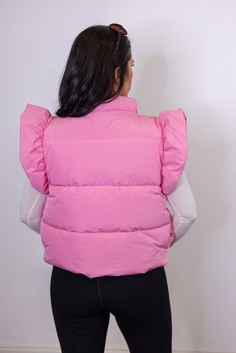 pink puffer bow detail vest